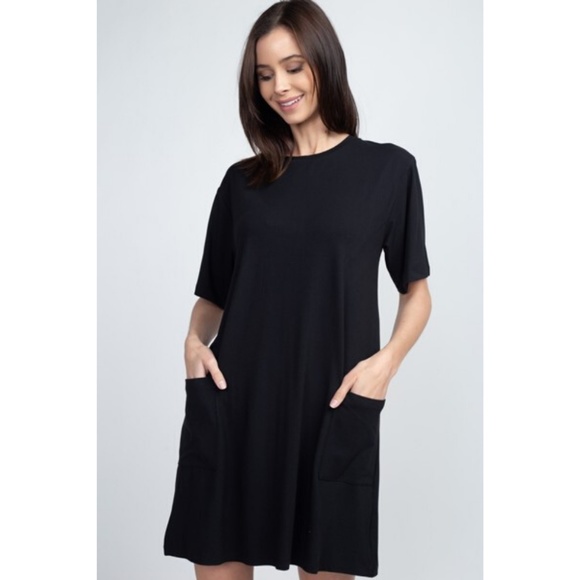 Women's Two Pocket T-Shirt Casual Short Dress BLK - Picture 2 of 8